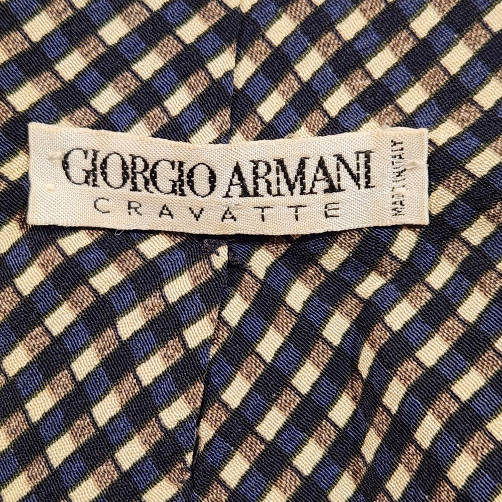 Vintage Giorgio Armani Silk Tie Cravatte Blue Beige Geometric Made in Italy